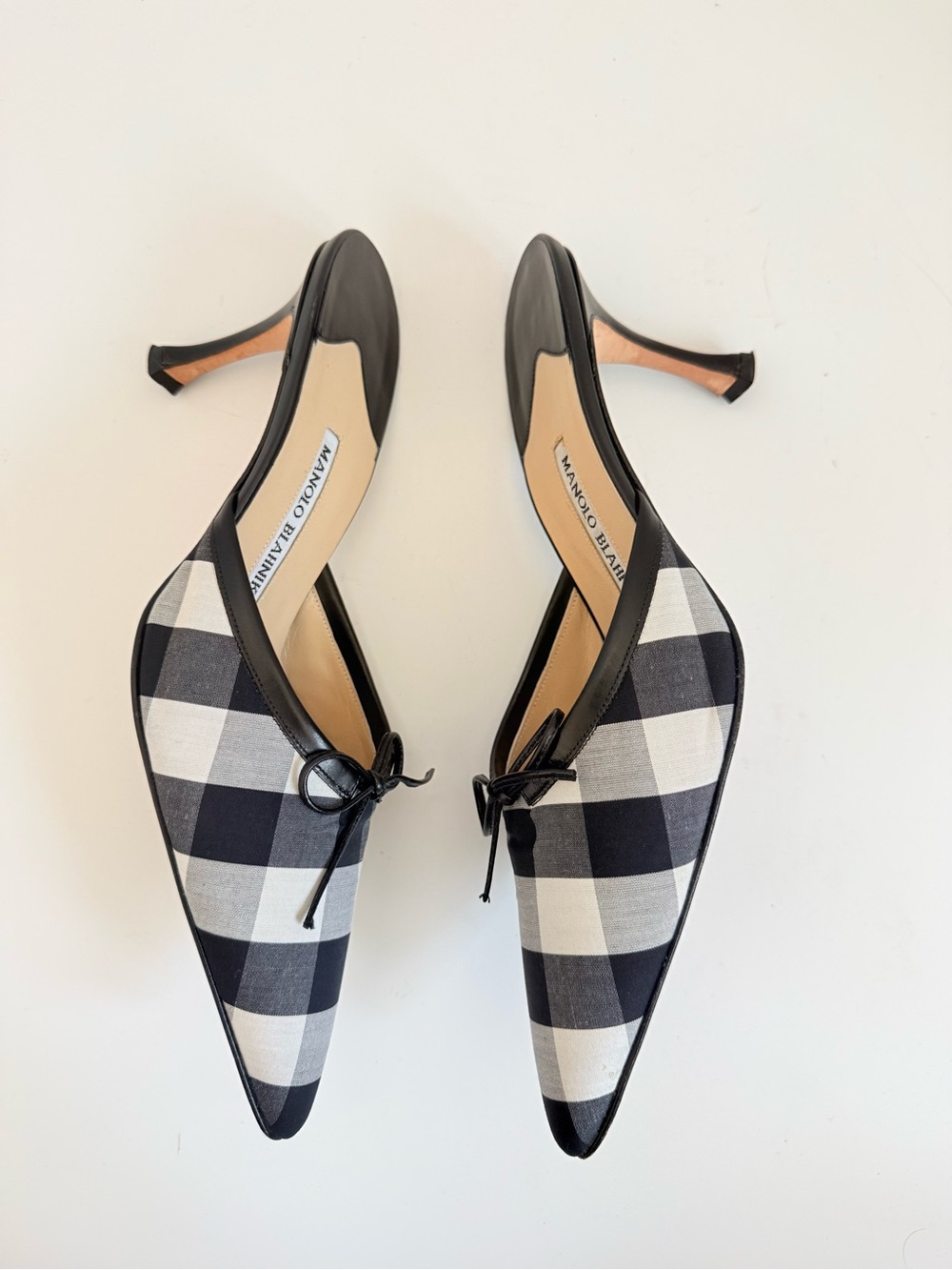 Manolo Blahnik LATAMU Black White Gingham Check Bow Pointed Toe Kitten mules 38 - Picture 5 of 10